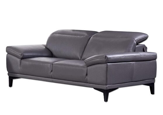 Gray modern low-profile loveseat w/ adjustable headrests