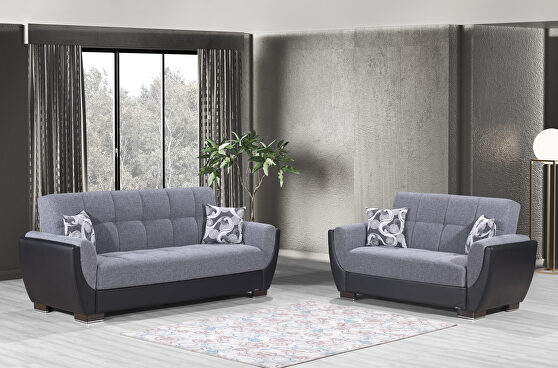 Gray fabric on black pu sleeper sofa w/ storage