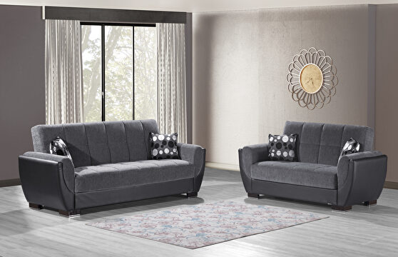 Asphalt fabric on black pu sleeper sofa w/ storage
