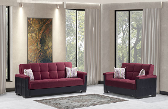 Two-toned burgundy fabric / brown leather sofa sleeper