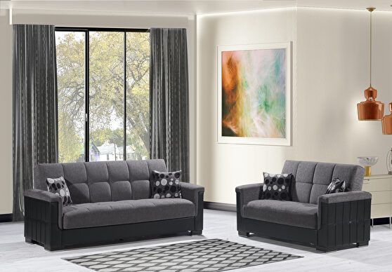 Two-toned asphalt gray fabric / brown leather sofa sleeper