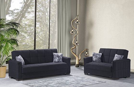Two-toned black on denim blue fabric sofa sleeper