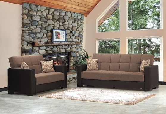 Two-toned brown chenille polyester sofa w/ storage
