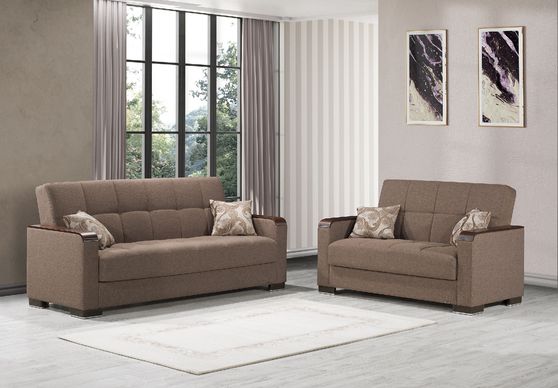 Light brown chenille polyester sofa bed w/ storage