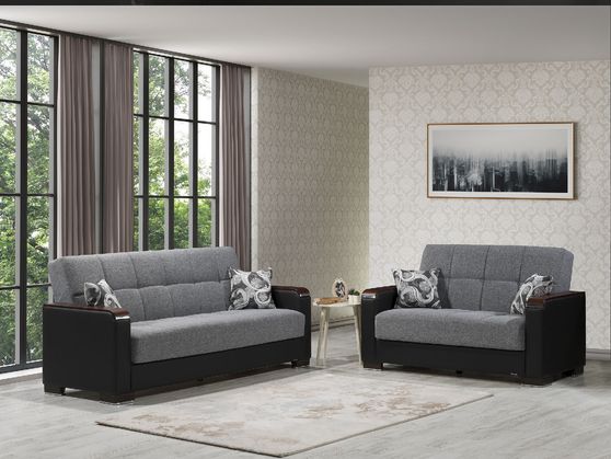 Gray fabric/black PU sofa bed w/ storage