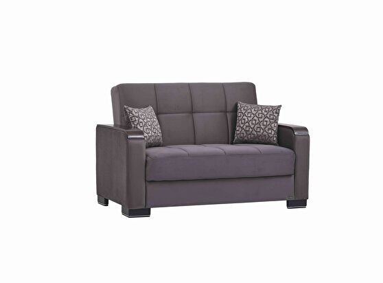 Gray microfiber loveseat w/ storage and wood arms