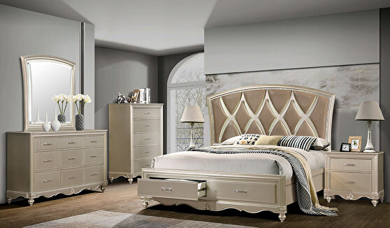 Champagne finish glam style bed w/ footboard drawers