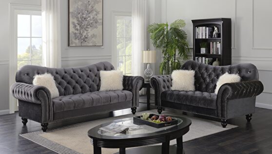 Transitional style gray sofa with espresso finish wooden legs