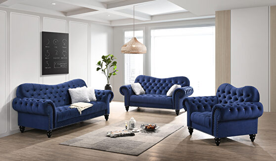 Transitional style blue sofa with espresso finish wooden legs