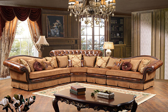 Traditional style leather sectional sofa in cherry wood