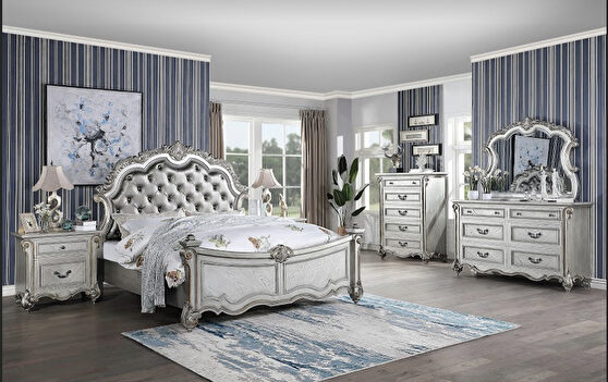 Transitional style queen bed in silver finish wood