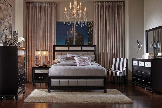 Transitional queen bed in dark glam style
