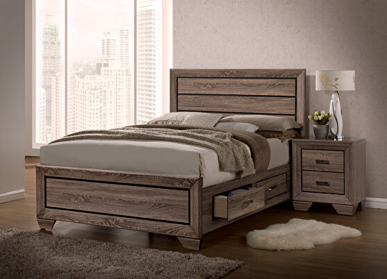 Transitional washed taupe queen storage bed
