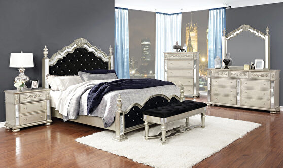 Metallic platinum and black velvet upholstery queen bed