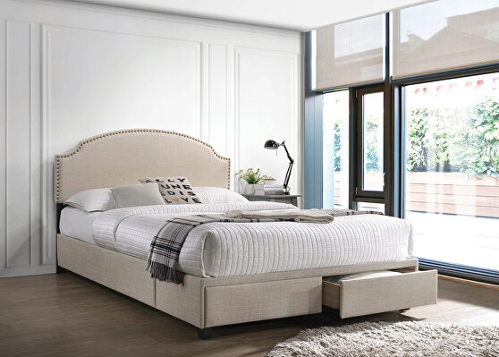 E king storage bed upholstered in a beige fabric