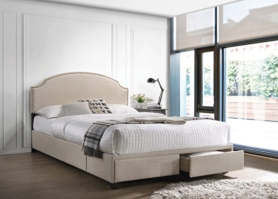 Queen storage bed upholstered in a beige fabric