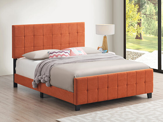 Orange fabric grid tufted headboard queen bed