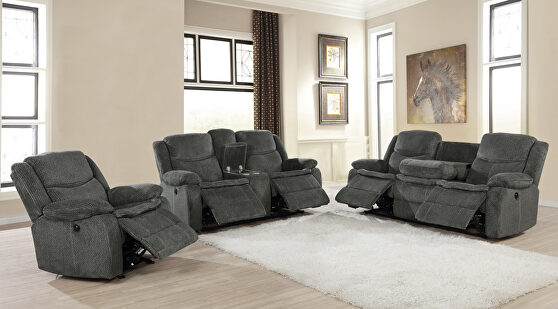 Power motion sofa upholstered in charcoal performance grade chenille