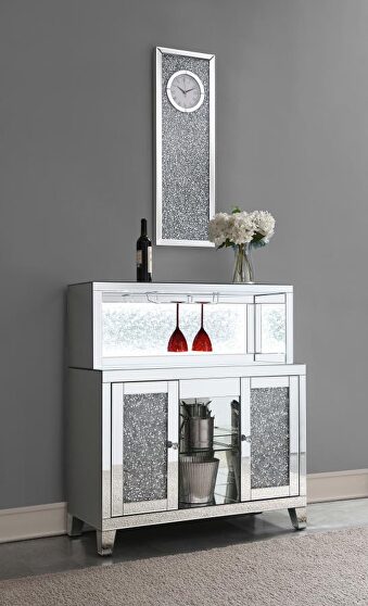 2-door mirrored wine cabinet with faux crystal inlay silver