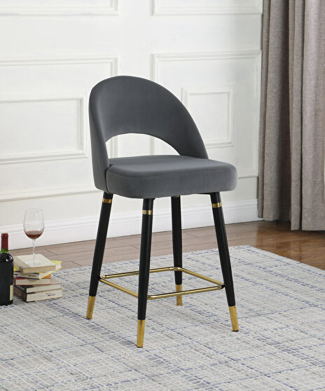 Gray velvet upholstery counter height stool w/ gold tips