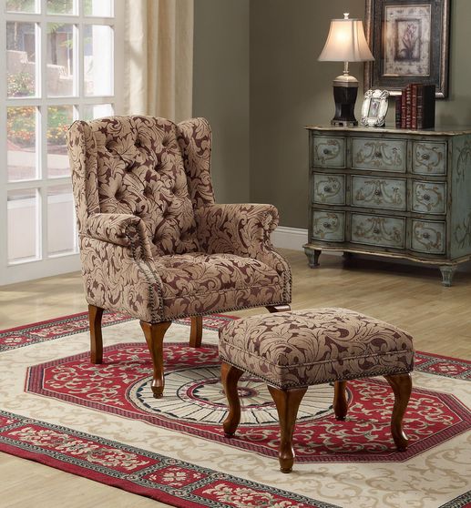 Wing chair with ottoman in brown 