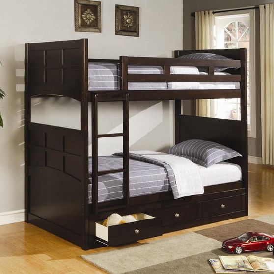 Rich mocha finish bunk bed for kids in twin size