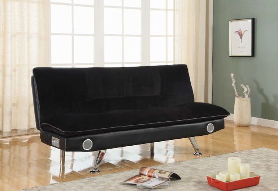 Casual black sofa bed in black velvet/leatherette