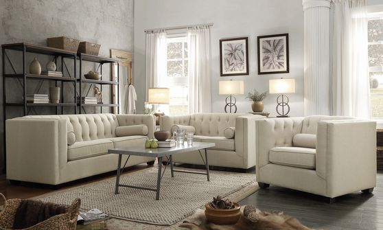 Tufted button design beige fabric sofa