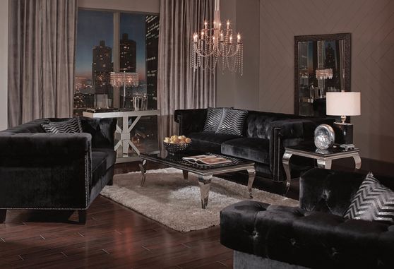 Black velvet fabric glam style tufted couch