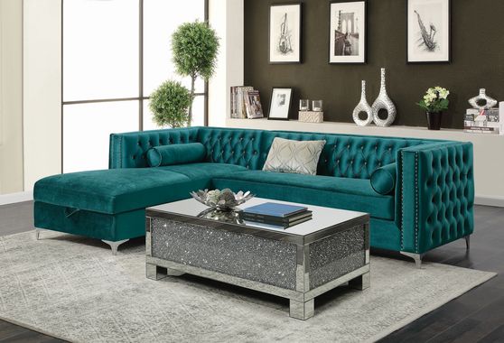 Glam style tufted teal fabric sectional