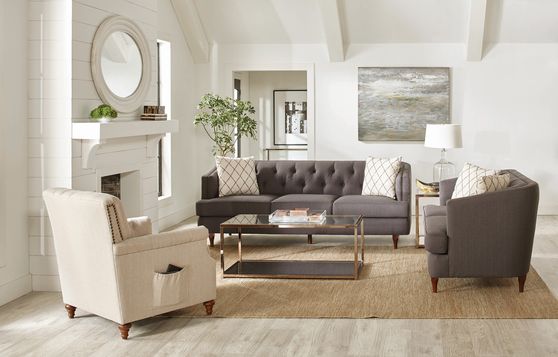 Linen-like gray / beige fabric sofa in barrel style