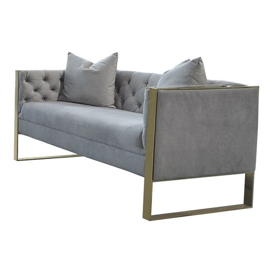 Glam style gray tufted loveseat w/ golden steel legs