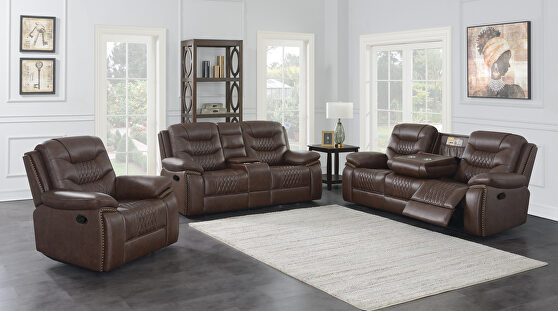 Motion sofa upholstered in brown performance-grade leatherette