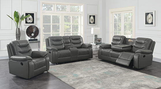 Motion sofa upholstered in gray performance-grade leatherette