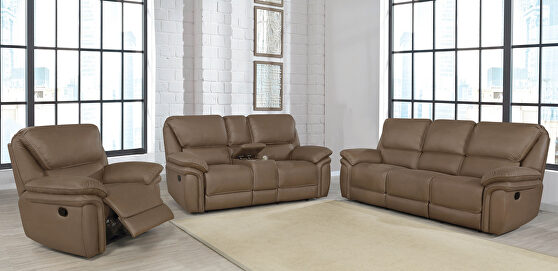 Motion sofa upholstered in mocha brown performance-grade coated microfiber