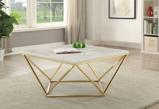 Modern gold coffee table w/ white faux marble top