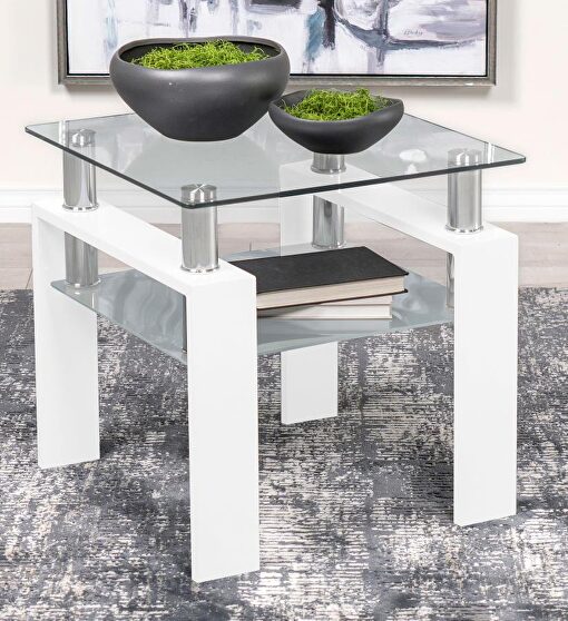 Square glass top end table with shelf white