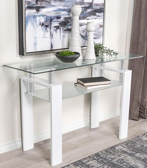 Rectangular glass top sofa table with shelf white