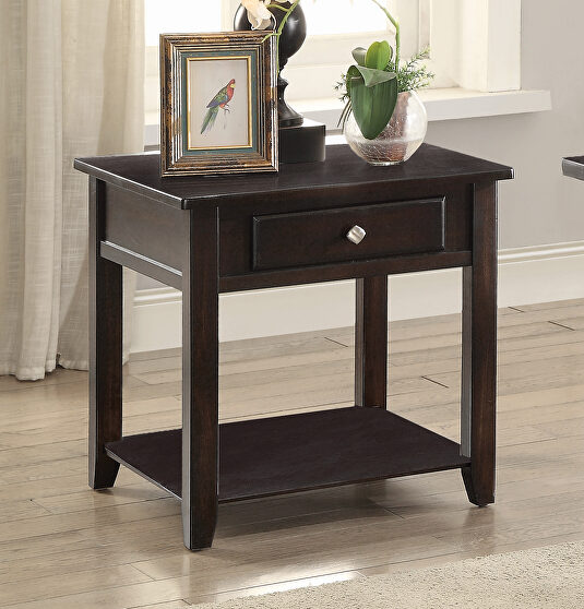 Transitional walnut one-drawer end table