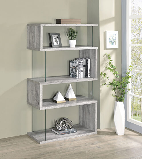 Gray driftwood wood finish 4-shelf bookcase with glass panels