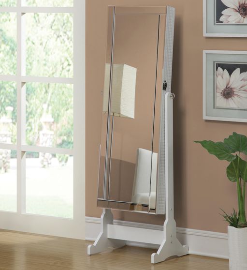 Transitional white cheval mirror and jewelry armoire