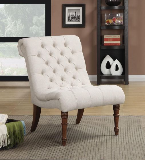 Curved back tufted oatmeal fabric chair