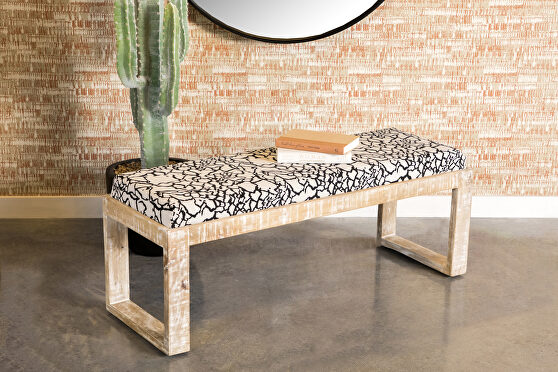 Unique accent bench crafted with solid wood in a white distressed look