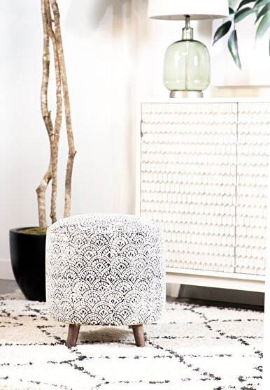Black and white distressed bohemian fabric accent stool