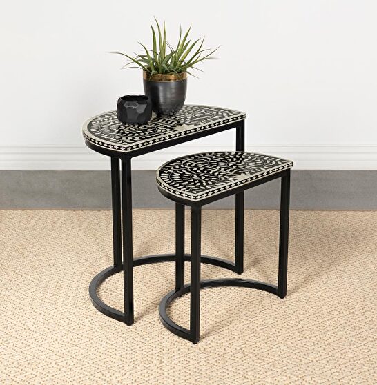 2-piece demilune nesting table black and white