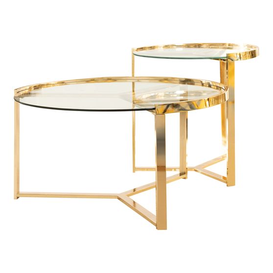 2pc nesting table in gold metal / glass top
