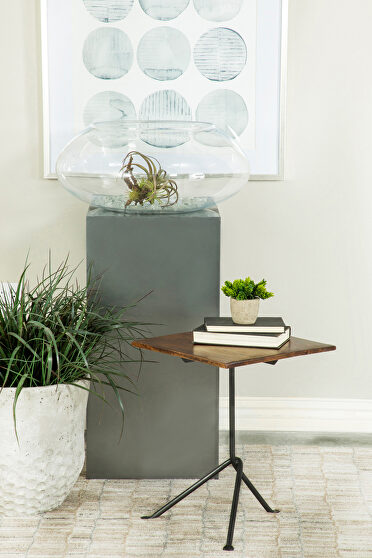 Dark brown and gunmetal finish square accent table with tripod legs