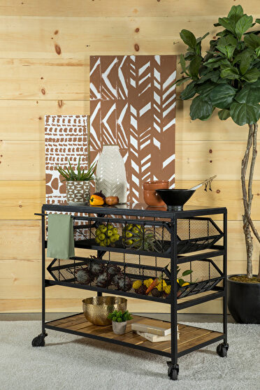 Natural and black finish accent storage cart with casters