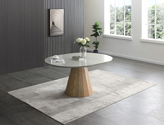 Natural wood tones round base extension table
