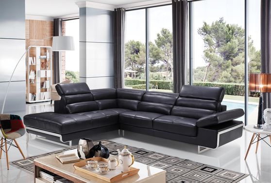 Quality black leather ultra-modern sectional w/ adjustable headrest